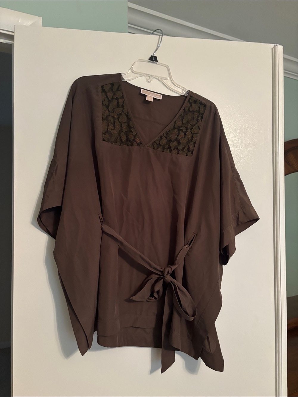 MICHAEL Michael Kors Brown V-Neck Tunic with Lace Yoke and Self-Tie Belt